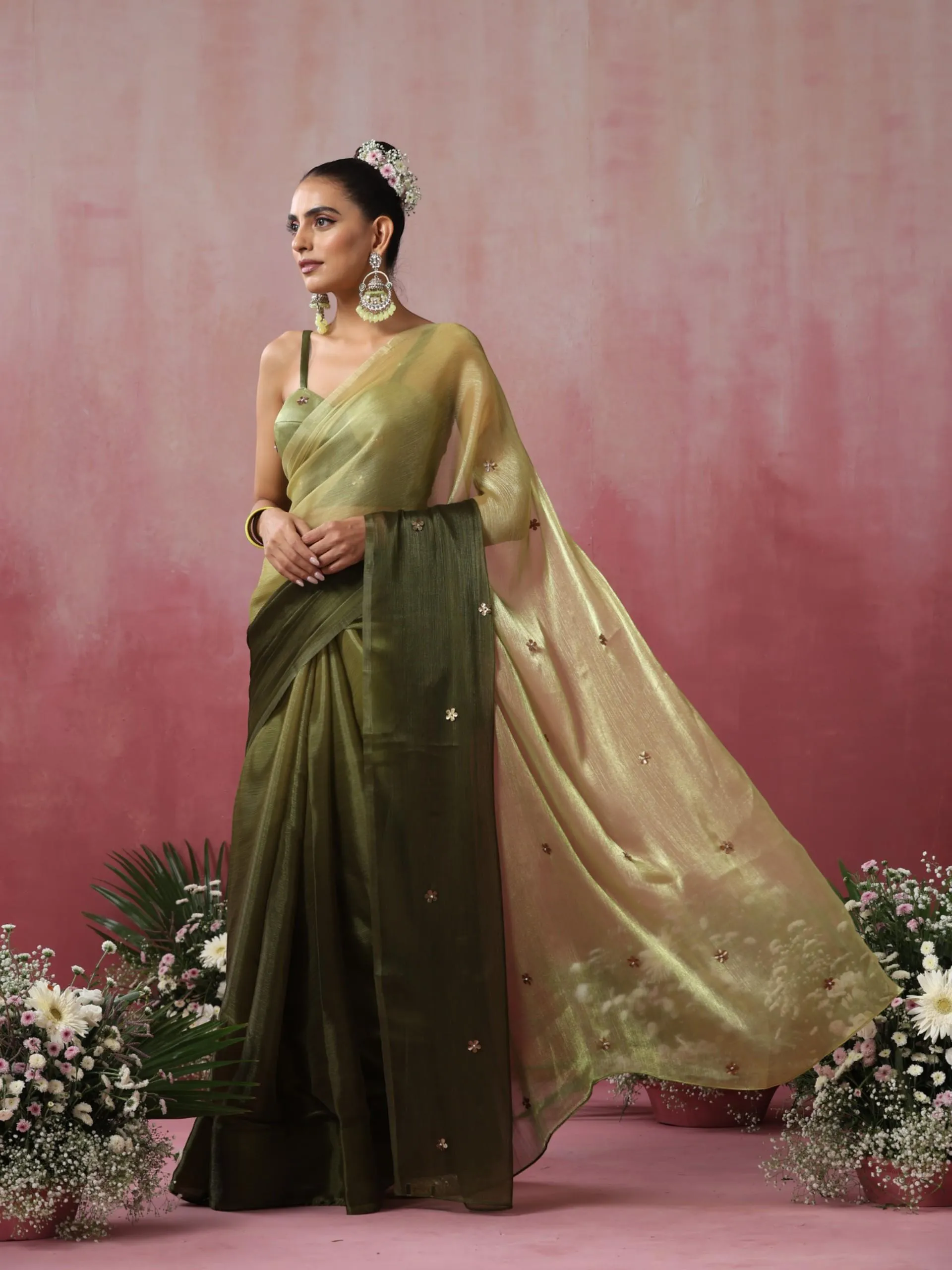 Olive Boost Ombre Organza Saree with Golden Flowers and Blouse Fabric