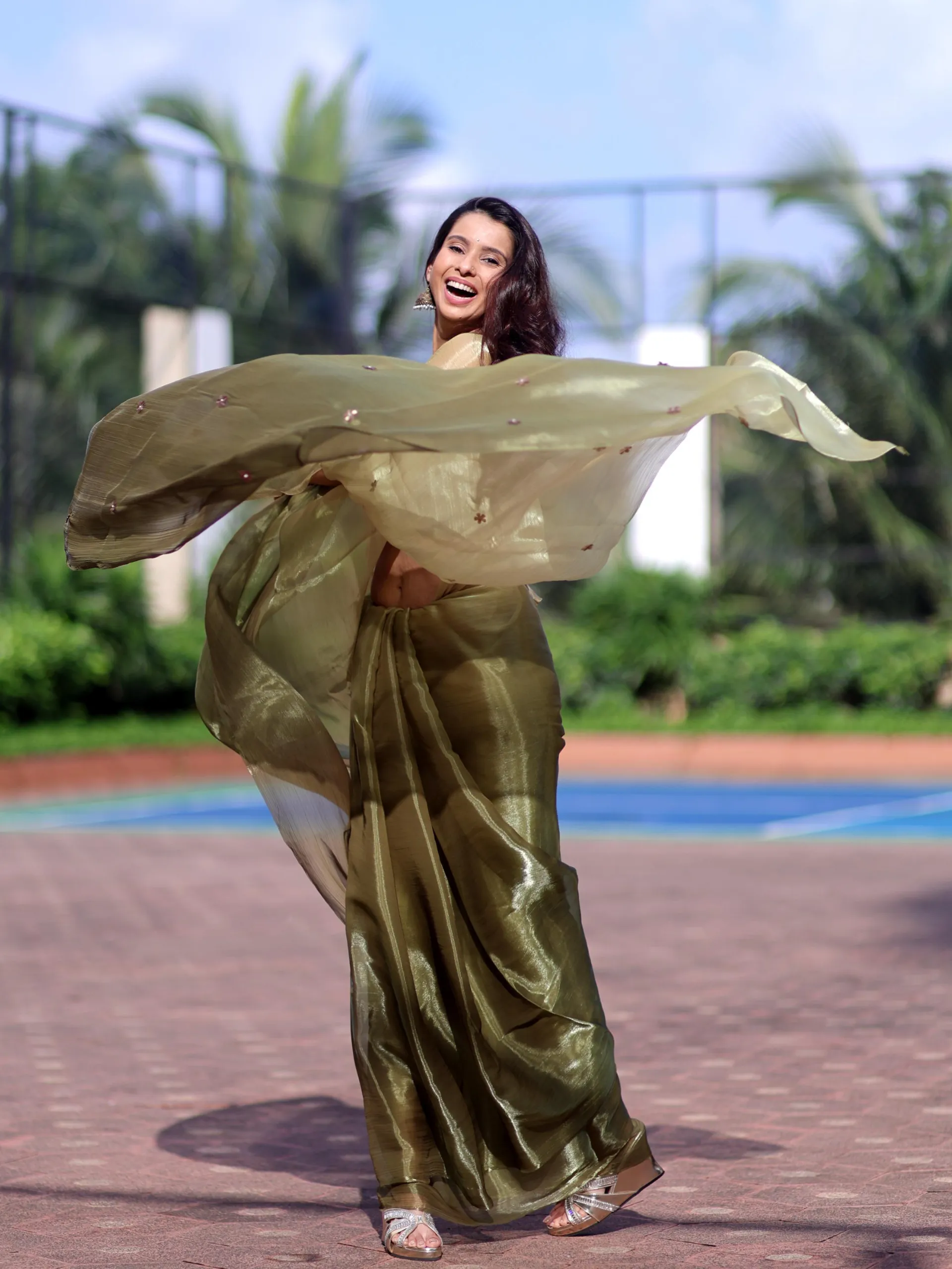 Olive Boost Ombre Organza Saree with Golden Flowers and Blouse Fabric