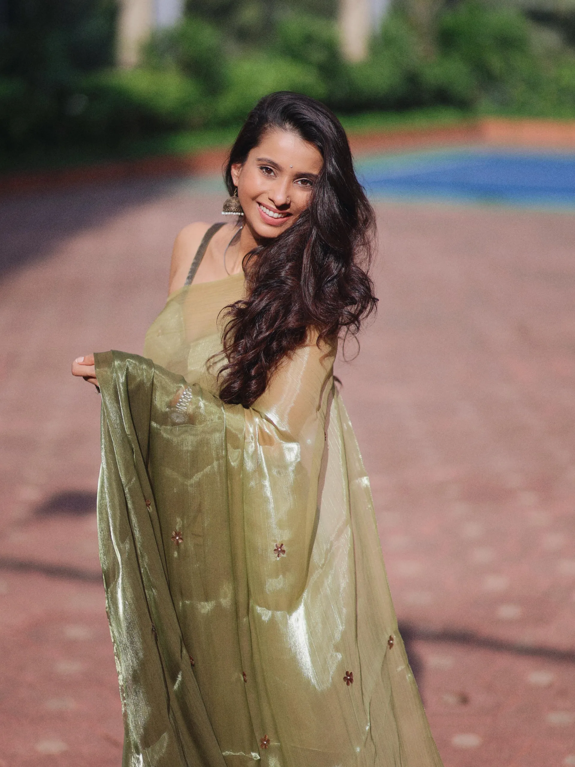 Olive Boost Ombre Organza Saree with Golden Flowers and Blouse Fabric