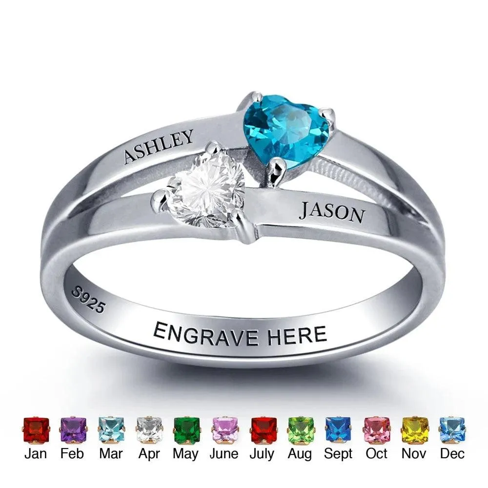 Personalized 925 Sterling Silver Rings for Women – Double Heart Birthstones – Customize Name – Unique Jewelry Gift