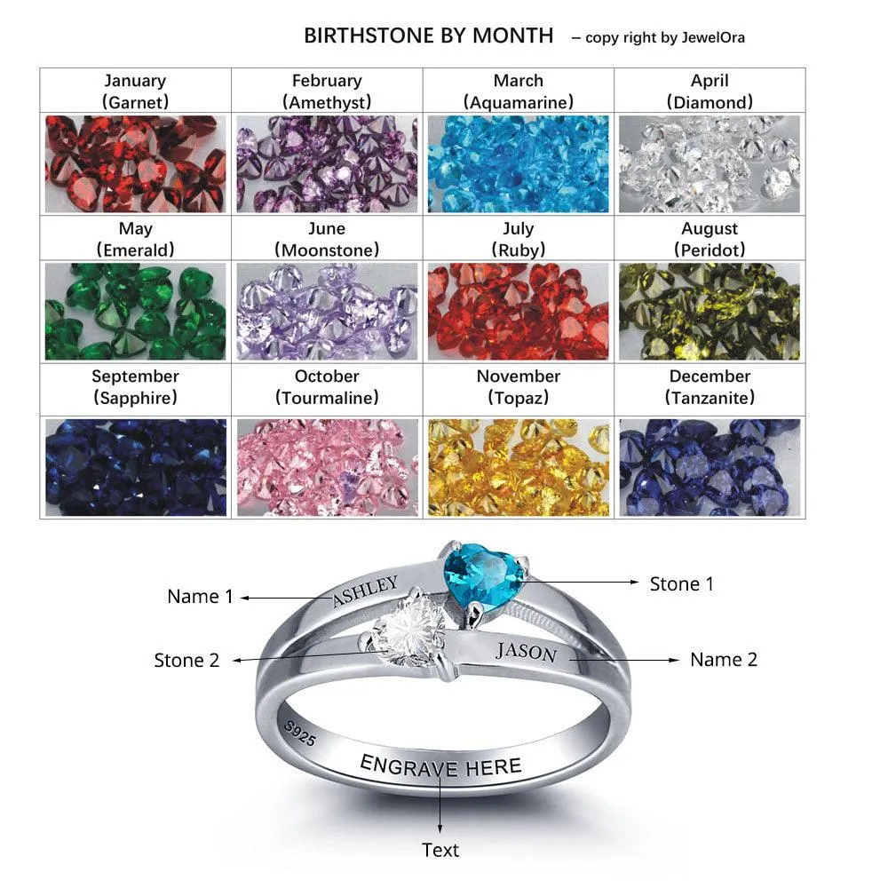 Personalized 925 Sterling Silver Rings for Women – Double Heart Birthstones – Customize Name – Unique Jewelry Gift