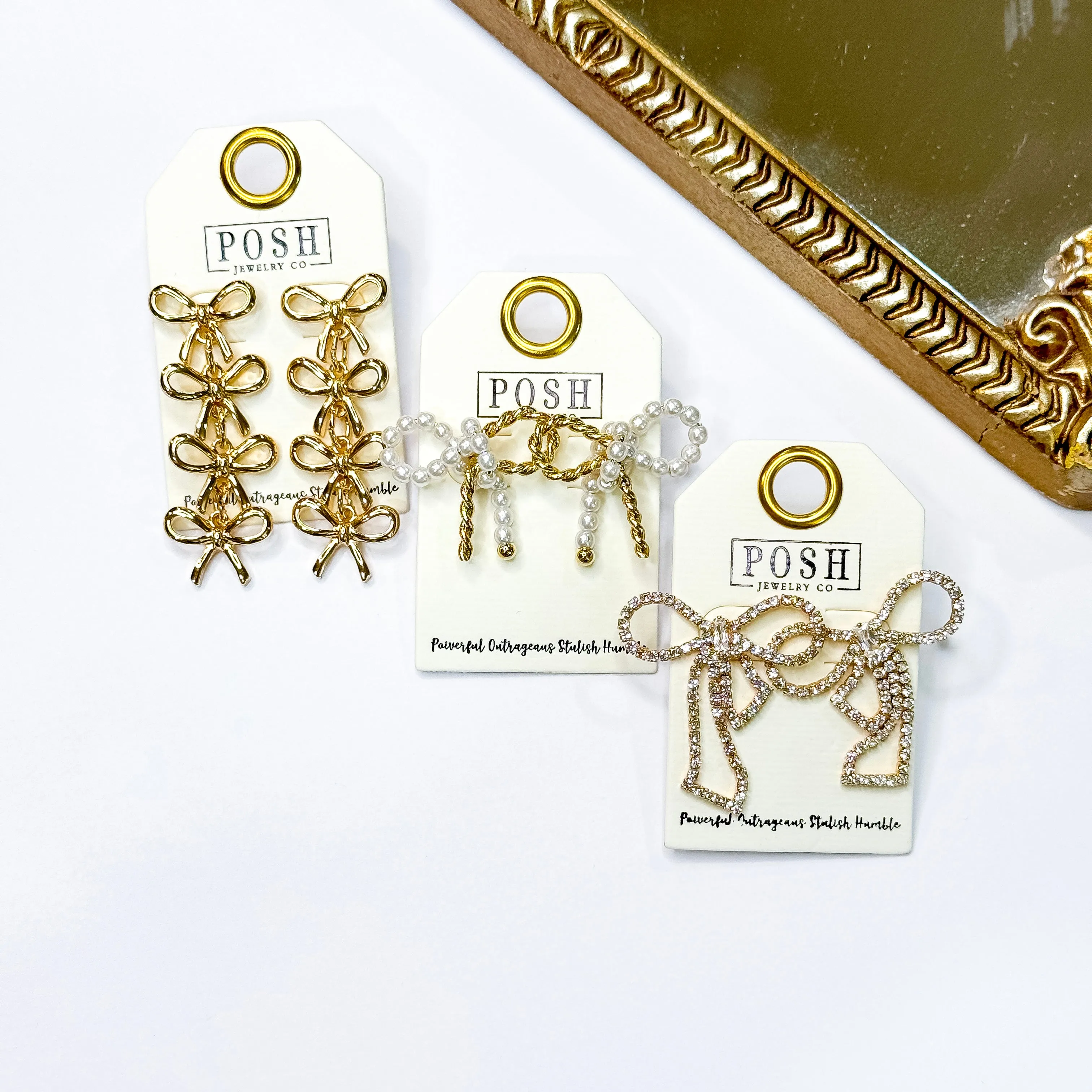 Posh by Pink Panache | Rhinestone Ribbon Gold Tone Stud Earrings