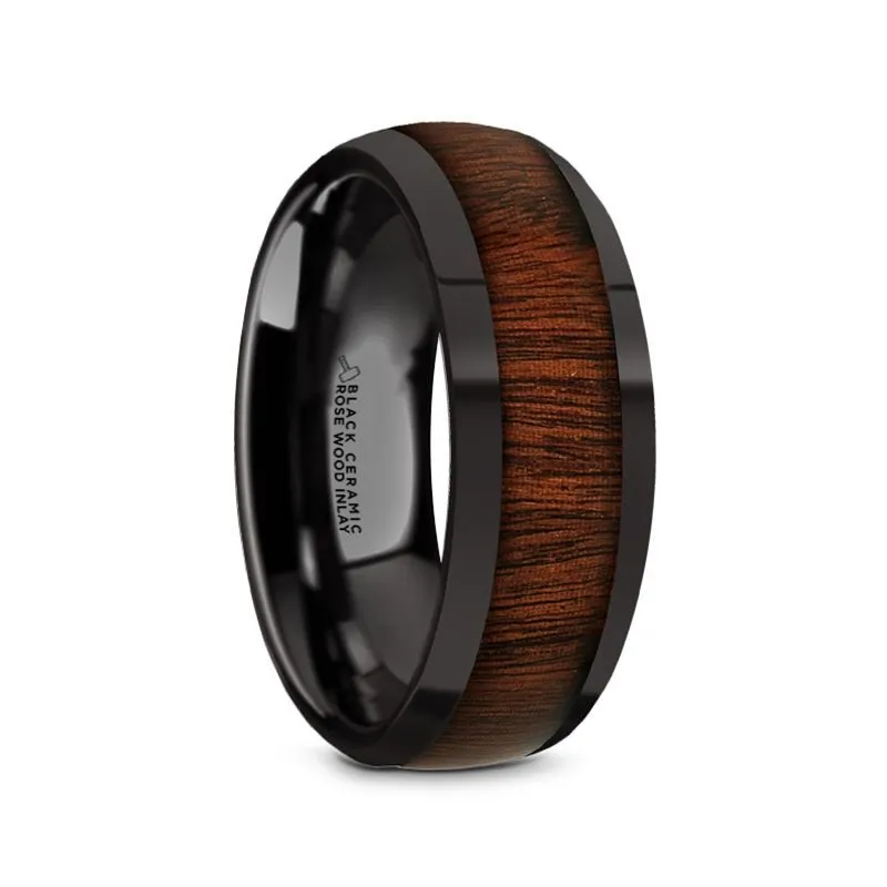 ROSAE | Black Ceramic Ring, Rose Wood Inlay, Domed