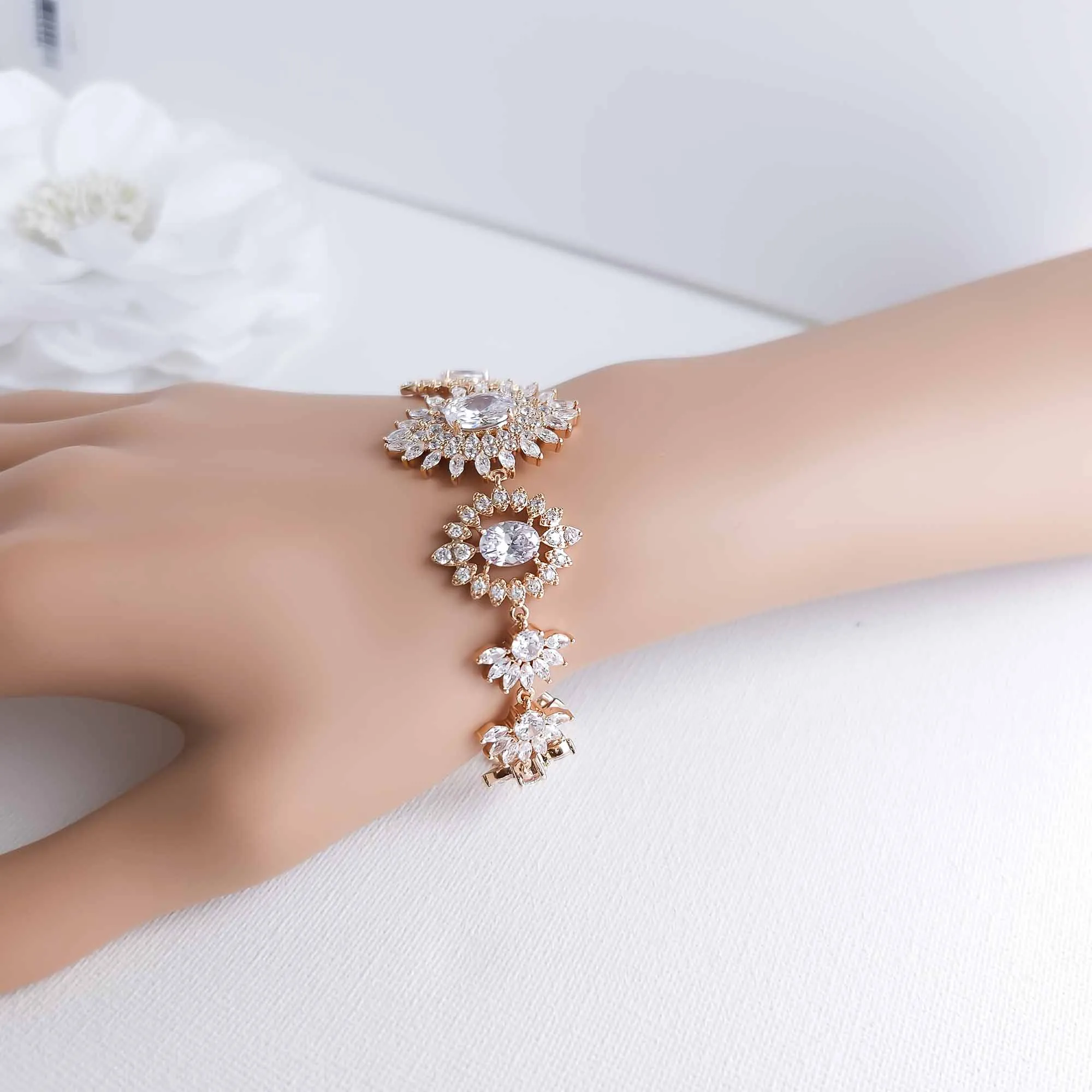 Rose Gold Statement Bracelet in Cubic Zirconia-Samantha