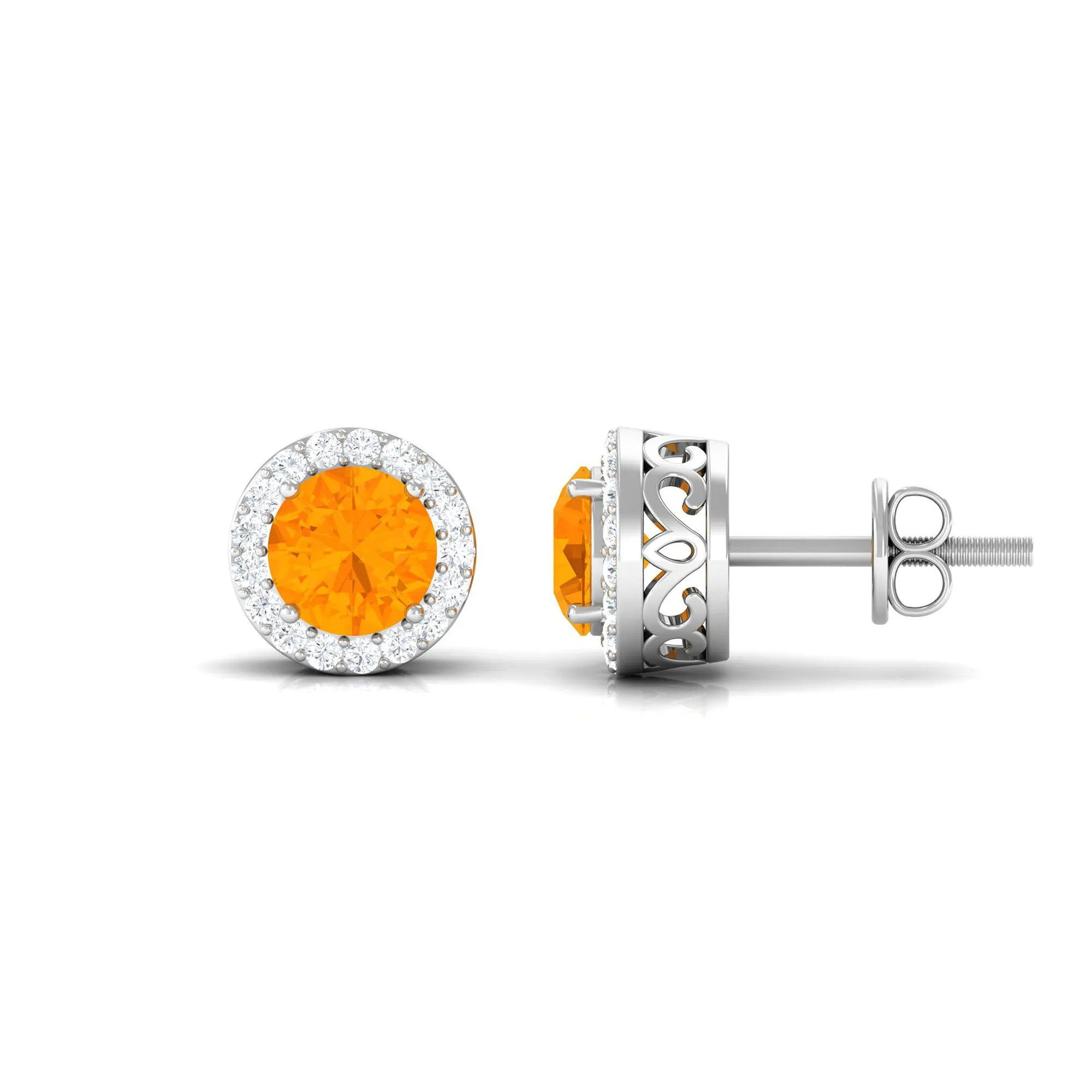 Round Fire Opal Minimal Halo Stud Earrings with Diamond