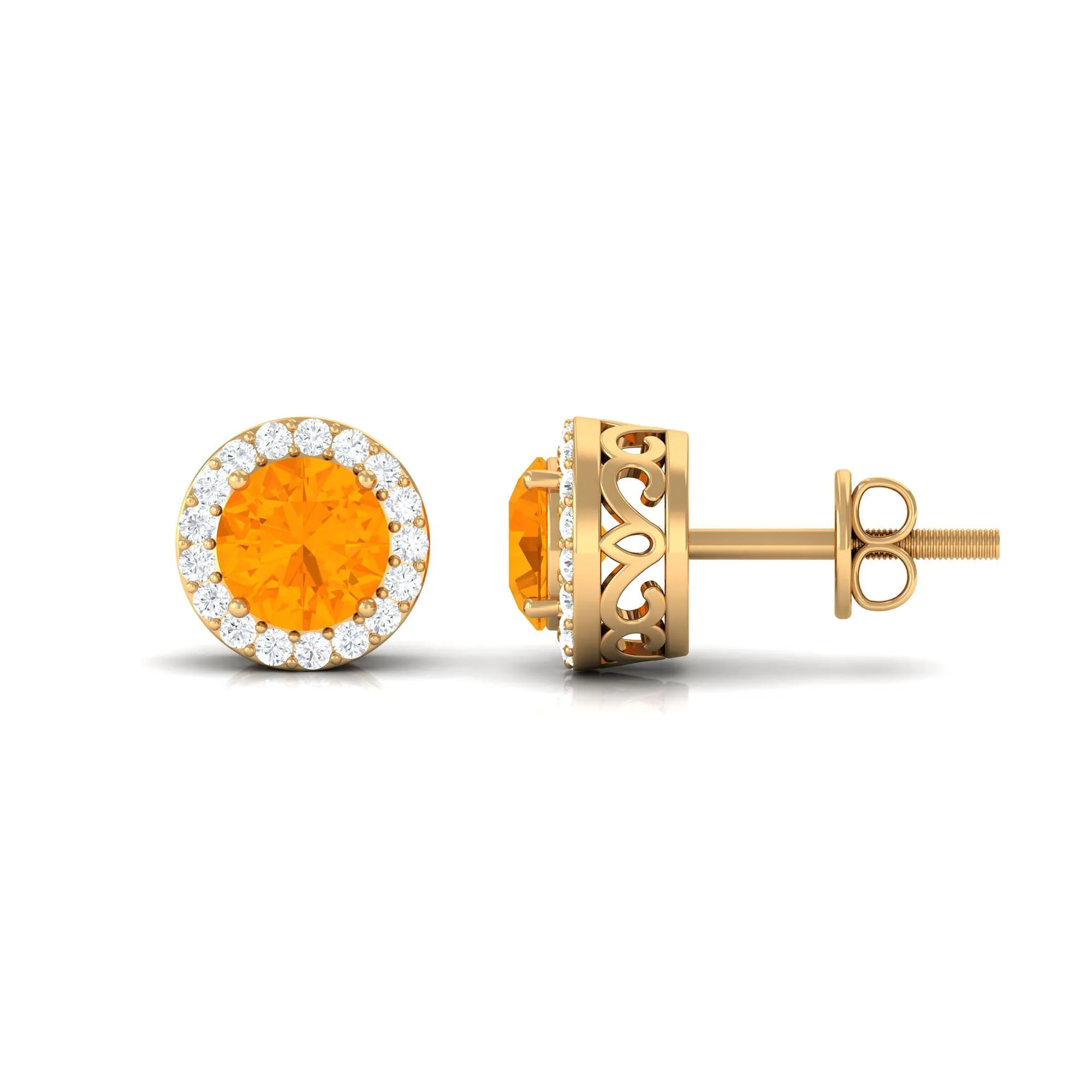 Round Fire Opal Minimal Halo Stud Earrings with Diamond