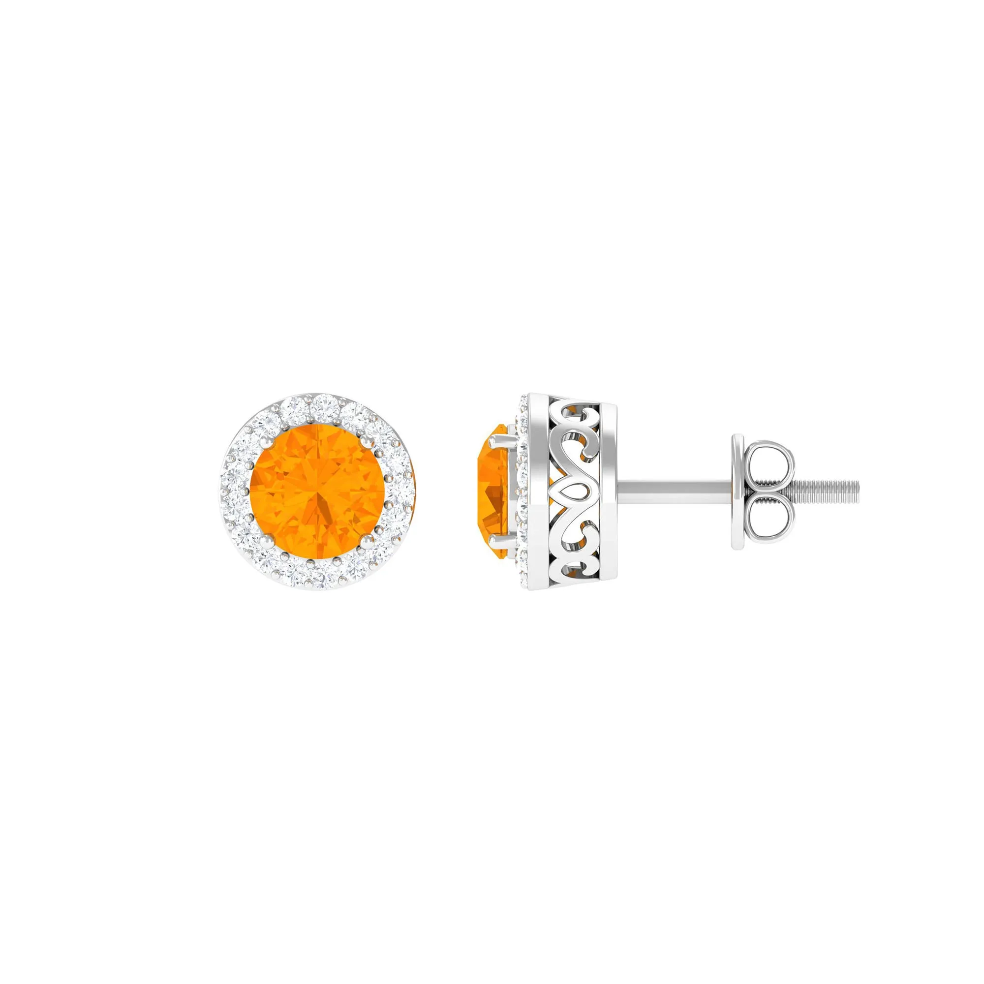 Round Fire Opal Minimal Halo Stud Earrings with Diamond