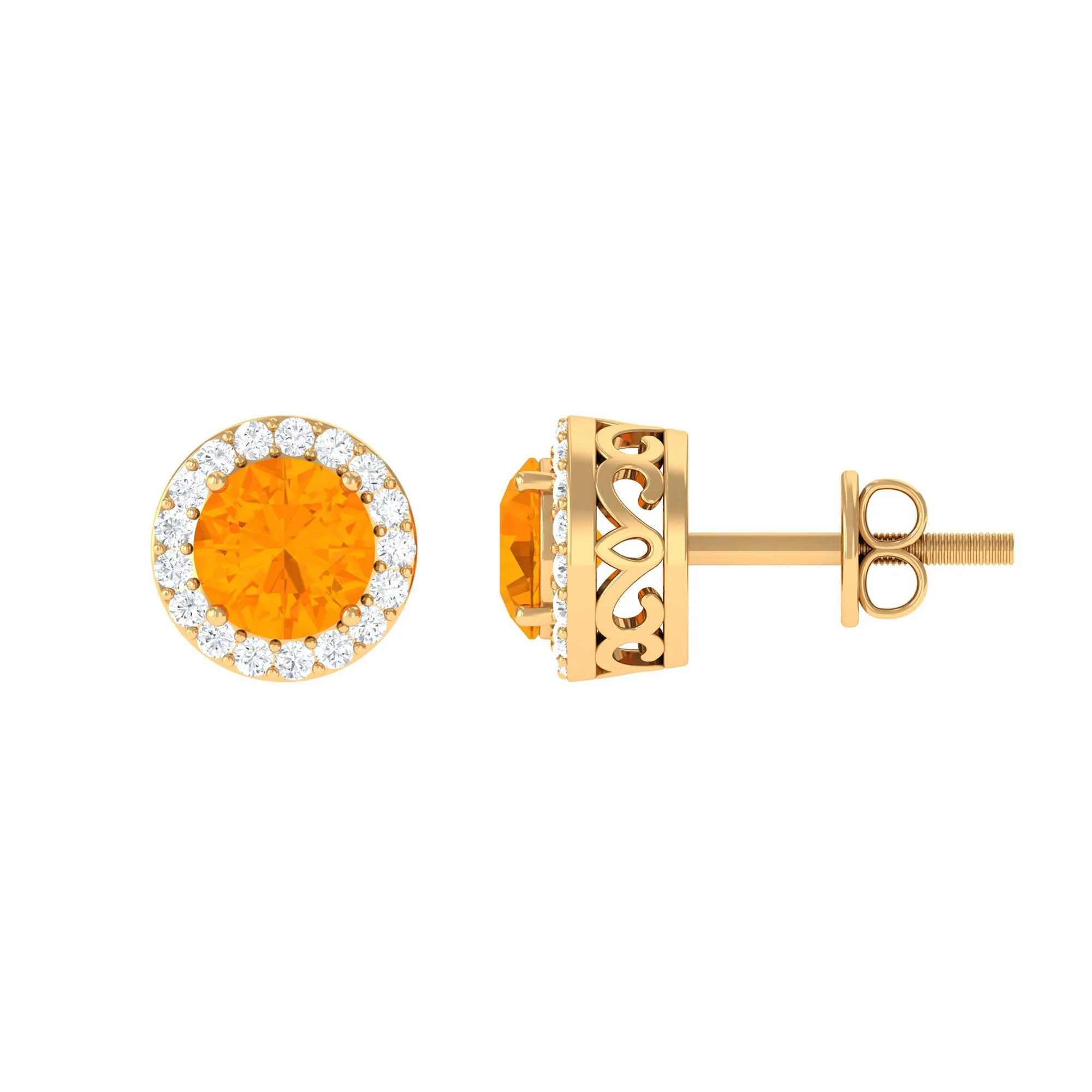 Round Fire Opal Minimal Halo Stud Earrings with Diamond