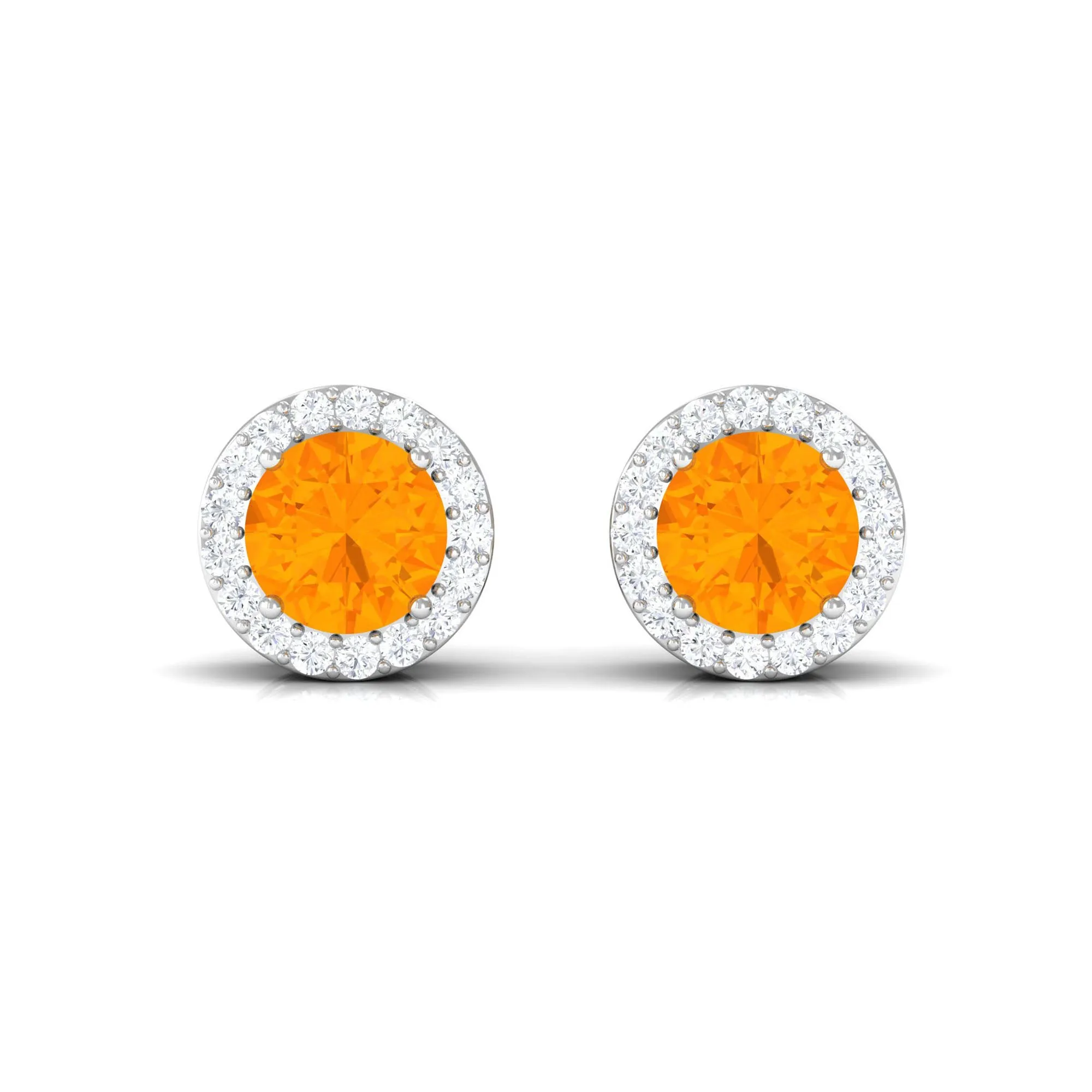 Round Fire Opal Minimal Halo Stud Earrings with Diamond