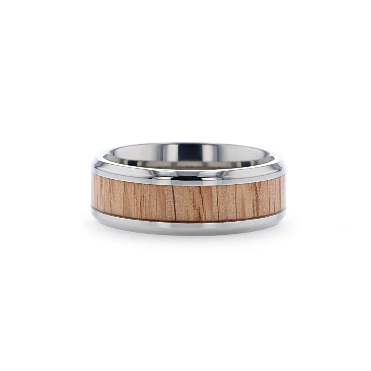 RUBRA | Silver Titanium Ring, Red Oak Wood Inlay, Beveled