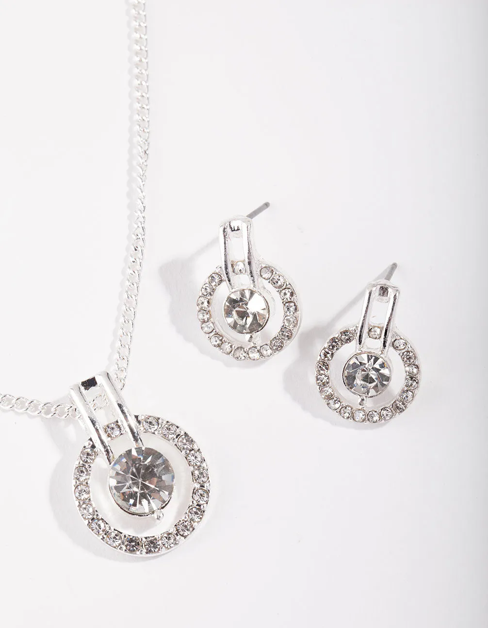 Silver Circle Diamante Disc Necklace & Earrings Set