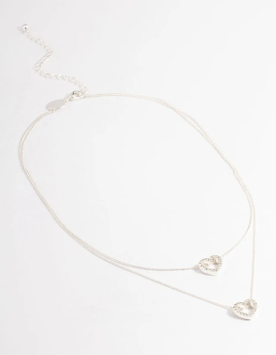 Silver Double Diamante Open Heart Necklace