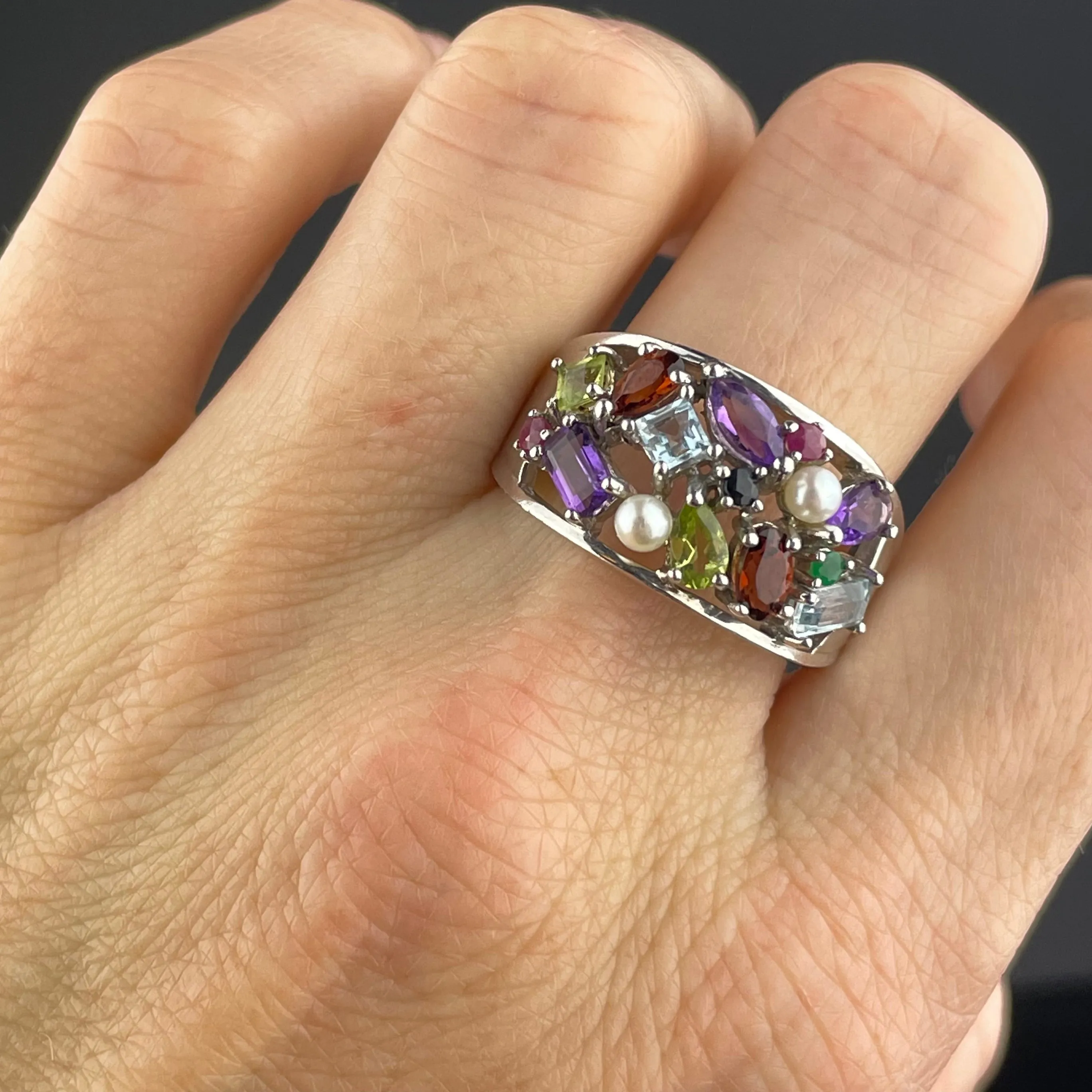 Silver Multi Gemstone Harlequin Ring, Sz 9.5