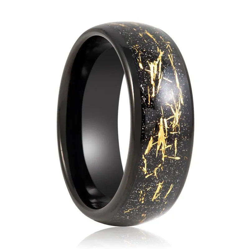 SLICK | Black Tungsten Ring, Black/Yellow Imitation Meteorite, Domed